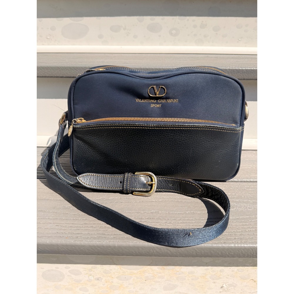 Valentino Garavani Sport Navy Nylon Leather Crossbody Bag Vintage Logo Blue